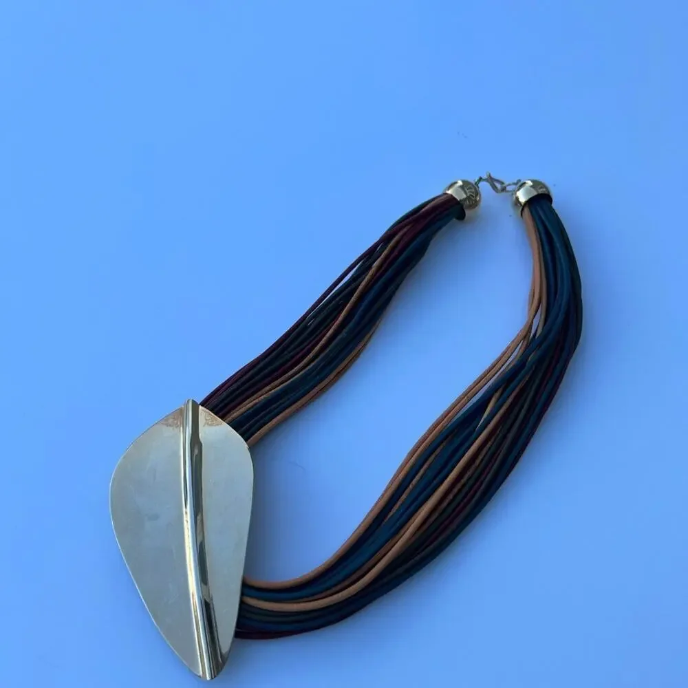 Necklace, multi strand, multi colored, gold leaf pendent. women's